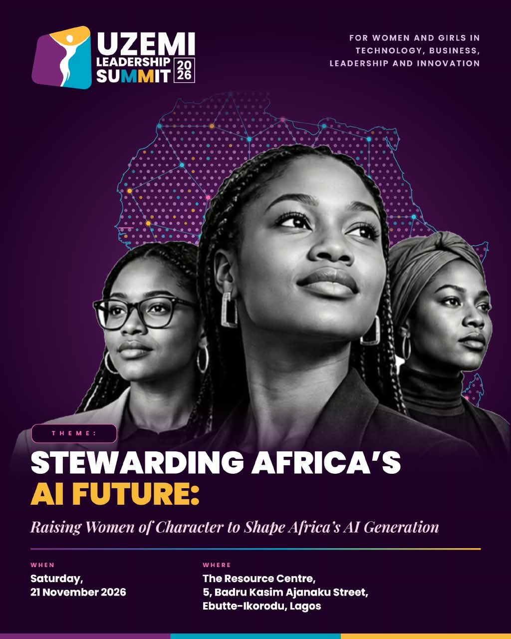 Uzemi Leadership Summit 2026 flyer: Stewarding Africa's AI Future, Saturday 21 November 2026, The Resource Centre, Ebutte-Ikorodu, Lagos